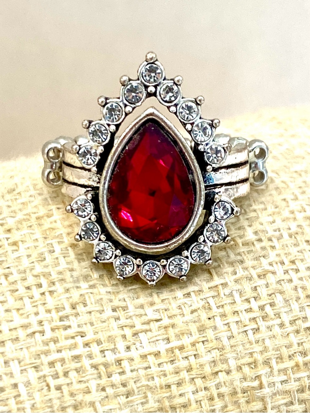 Paparazzi Make Your Trademark Red Teardrop Rhinestone Silver Crown Stretch Ring